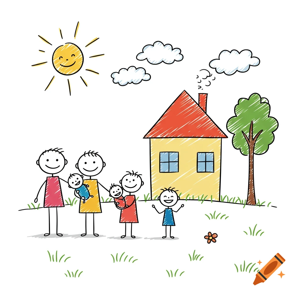 A child's drawing of a stick figure family with two parents, two babies, and a child, standing in front of a house and a tree under a smiling sun.