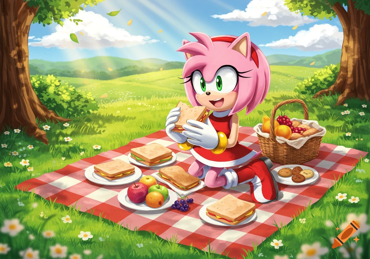 Amy Rose enjoys a sandwich at a sunny picnic on a red checkered blanket in a lush green meadow, surrounded by trees and wildflowers.