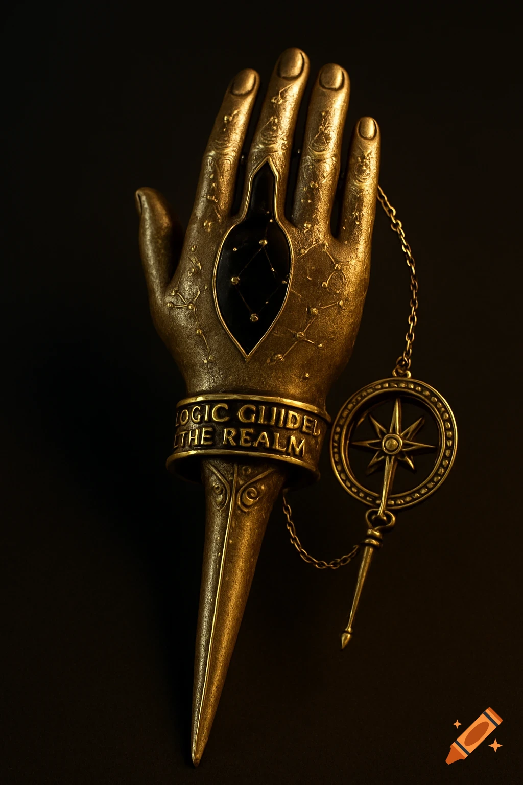 A photorealistic antique gold hand-shaped pin with constellations engraved on the fingers, a dark onyx inlay on the palm, and a compass pendant.