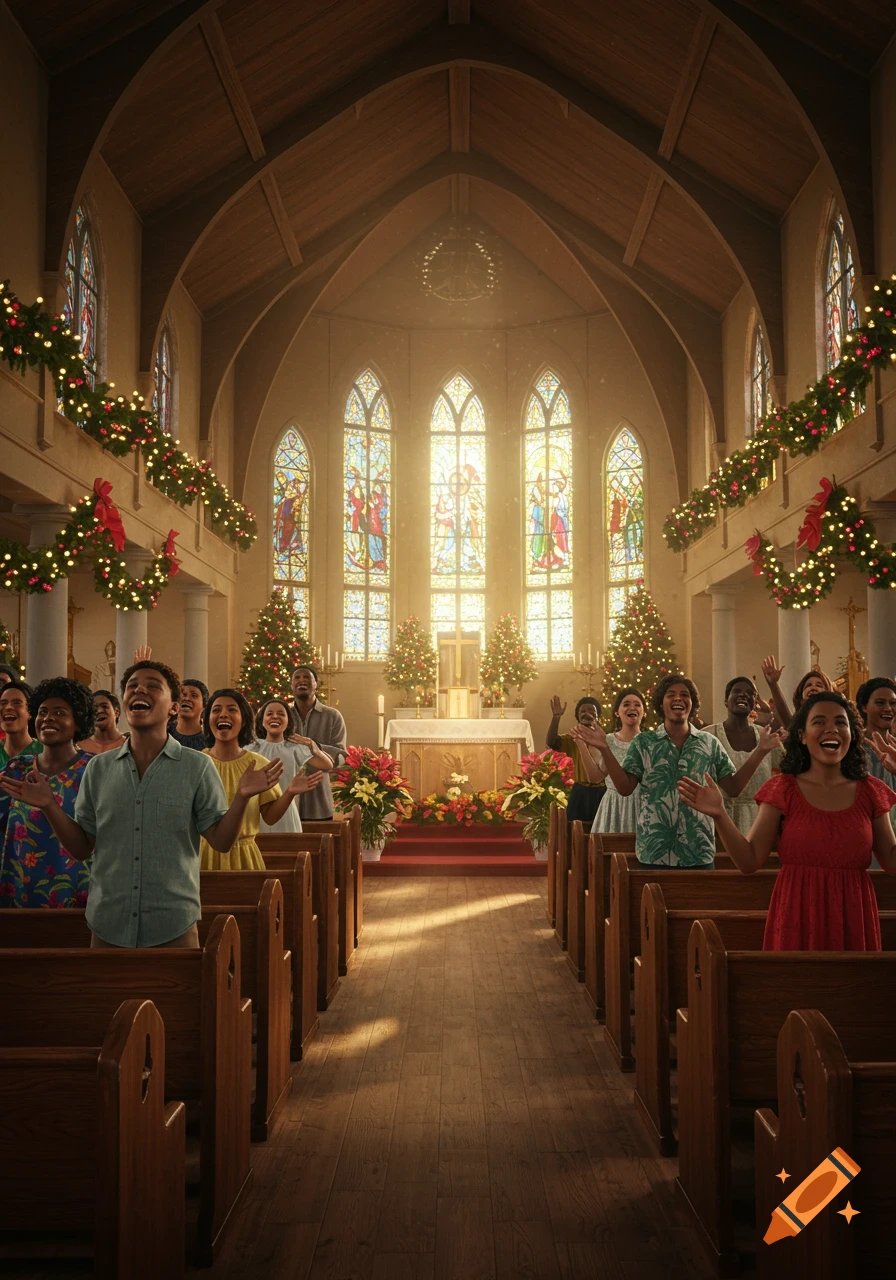 Diverse congregation joyfully worships in a Caribbean church decorated for Christmas, sunlight through stained-glass windows.