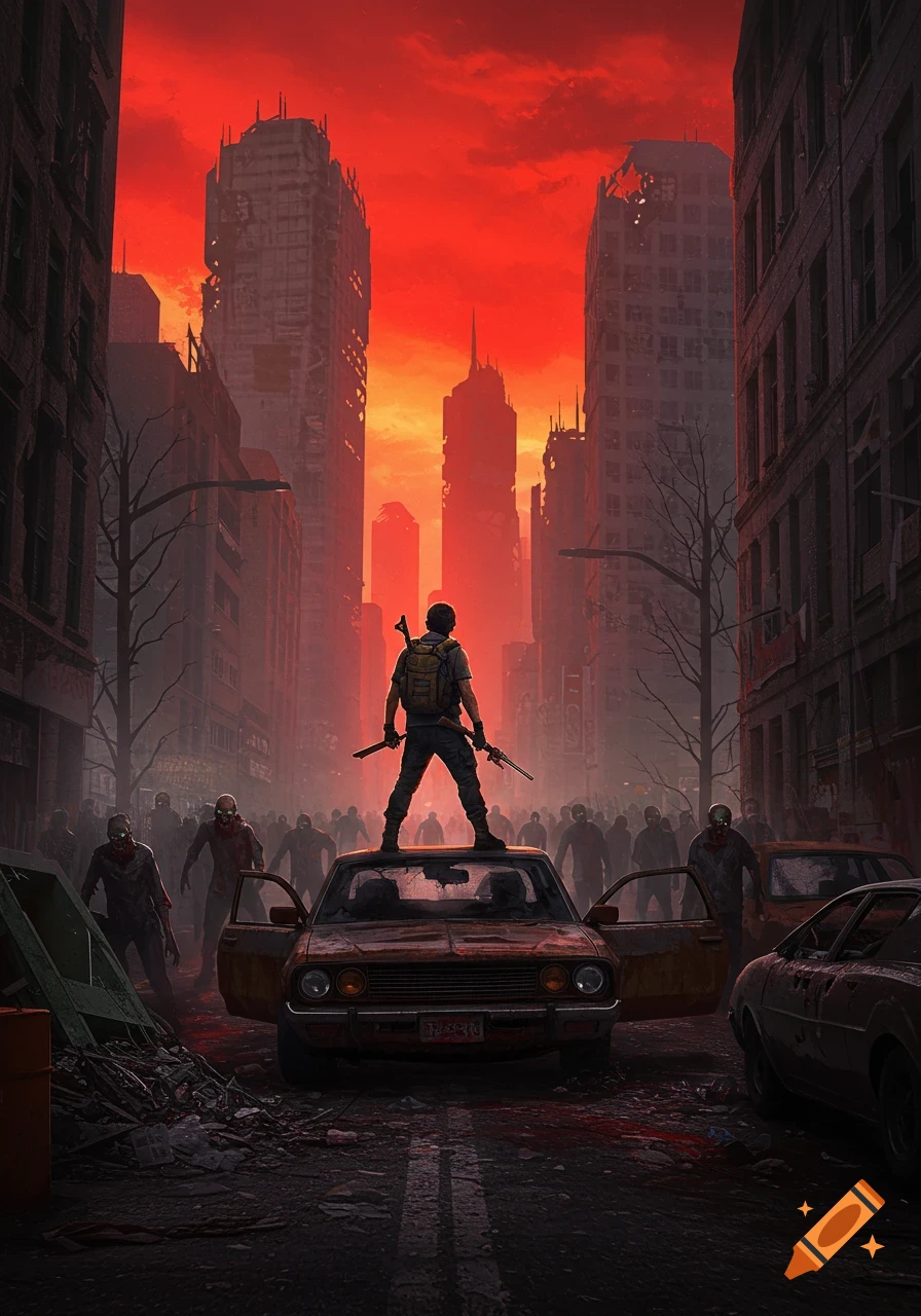 A lone survivor stands on a car, armed, facing a horde of zombies in a red-skied ruined city, digital art.