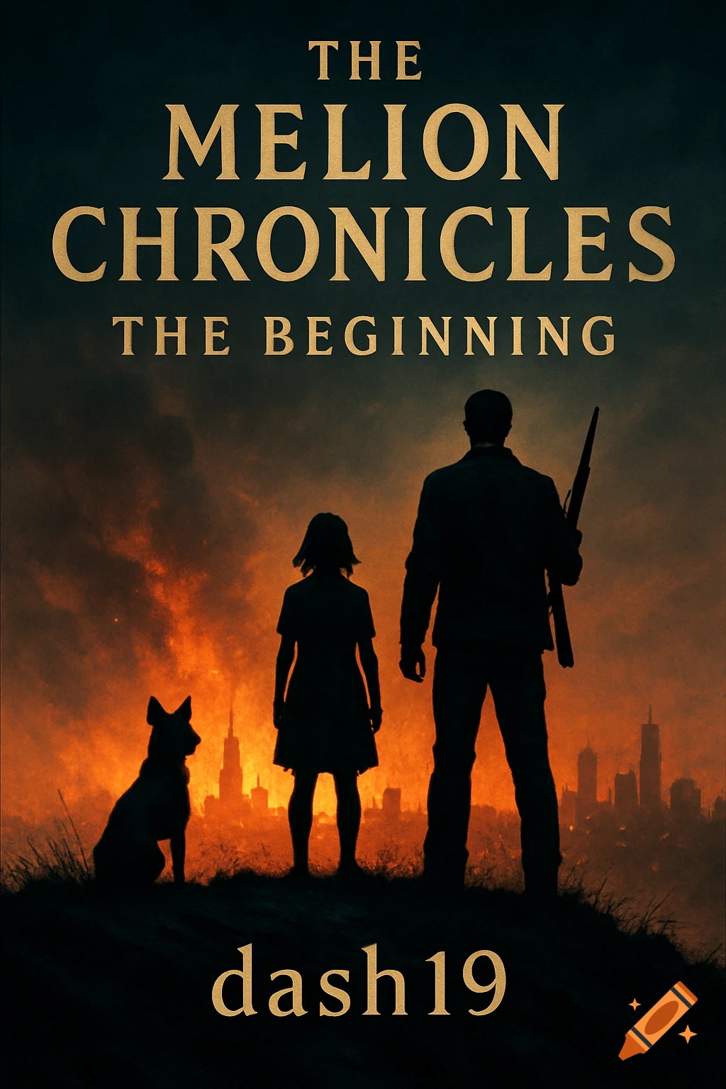 A dramatic book cover with silhouettes of a man holding a rifle, a girl, and a dog on a hill overlooking a burning city at sunset. Text reads "THE MELION CHRONICLES THE BEGINNING" and "dash19".