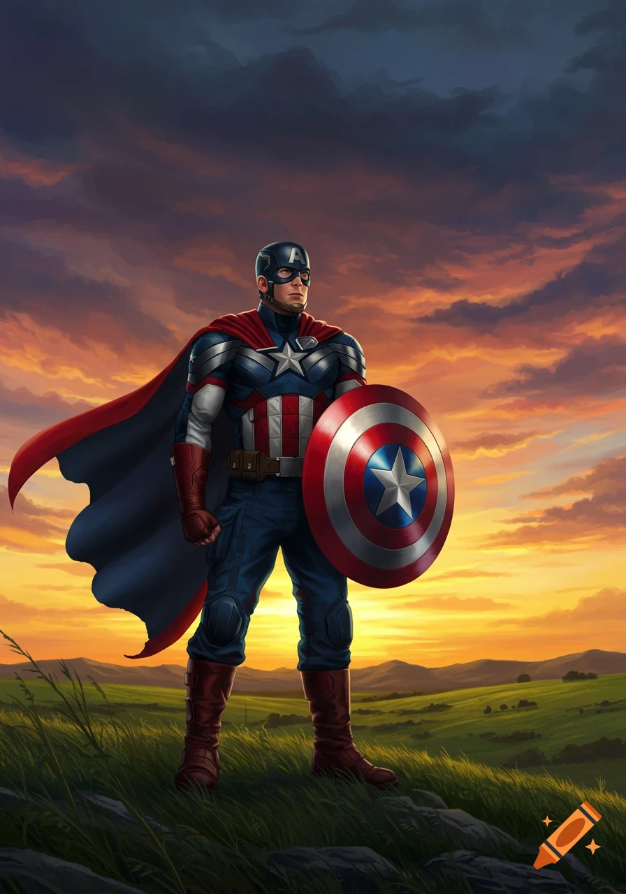 Captain America stands heroically in a green field with his shield at his side, looking into a dramatic orange and purple sunset sky.
