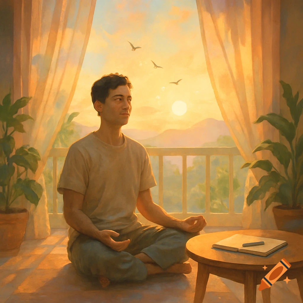A man meditates on a balcony at sunrise, with mountains, birds, and plants visible in a warm, painterly style.