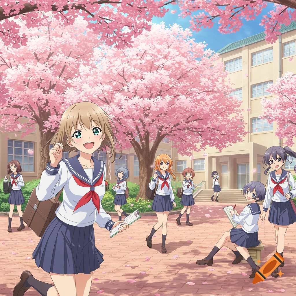 Anime schoolgirls in uniform walk and study in a cherry blossom-filled school courtyard.