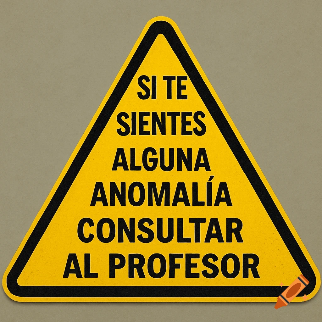 A yellow triangular warning sign with a thick black border and black text that reads: 'SI TE SIENTES ALGUNA ANOMALÍA CONSULTAR AL PROFESOR' (If you feel any anomaly, consult the teacher).