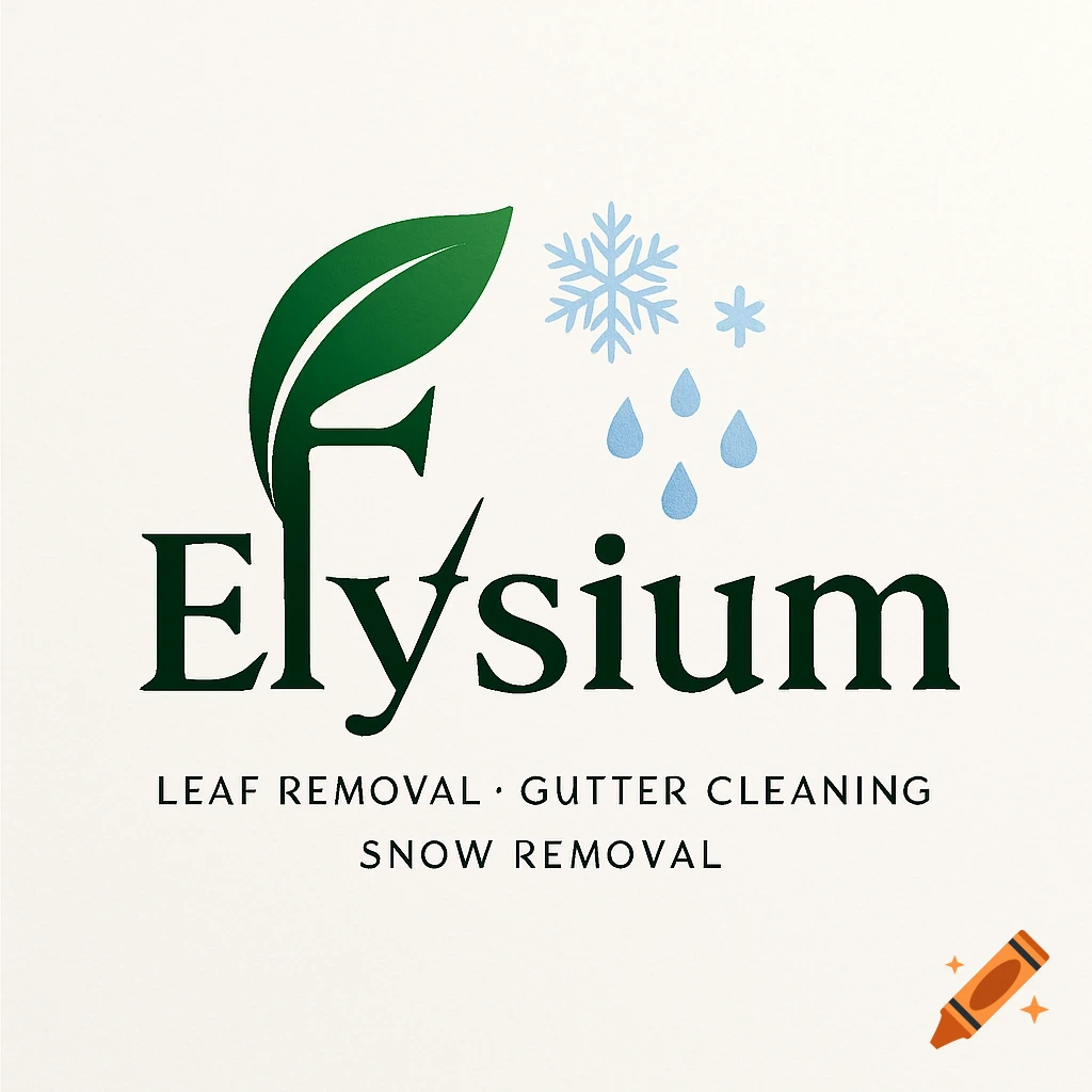 A logo for Elysium, featuring a stylized green leaf merging with a large 'F', alongside a snowflake and raindrops. Text below reads 'LEAF REMOVAL  Gutter Cleaning  Snow Removal'.
