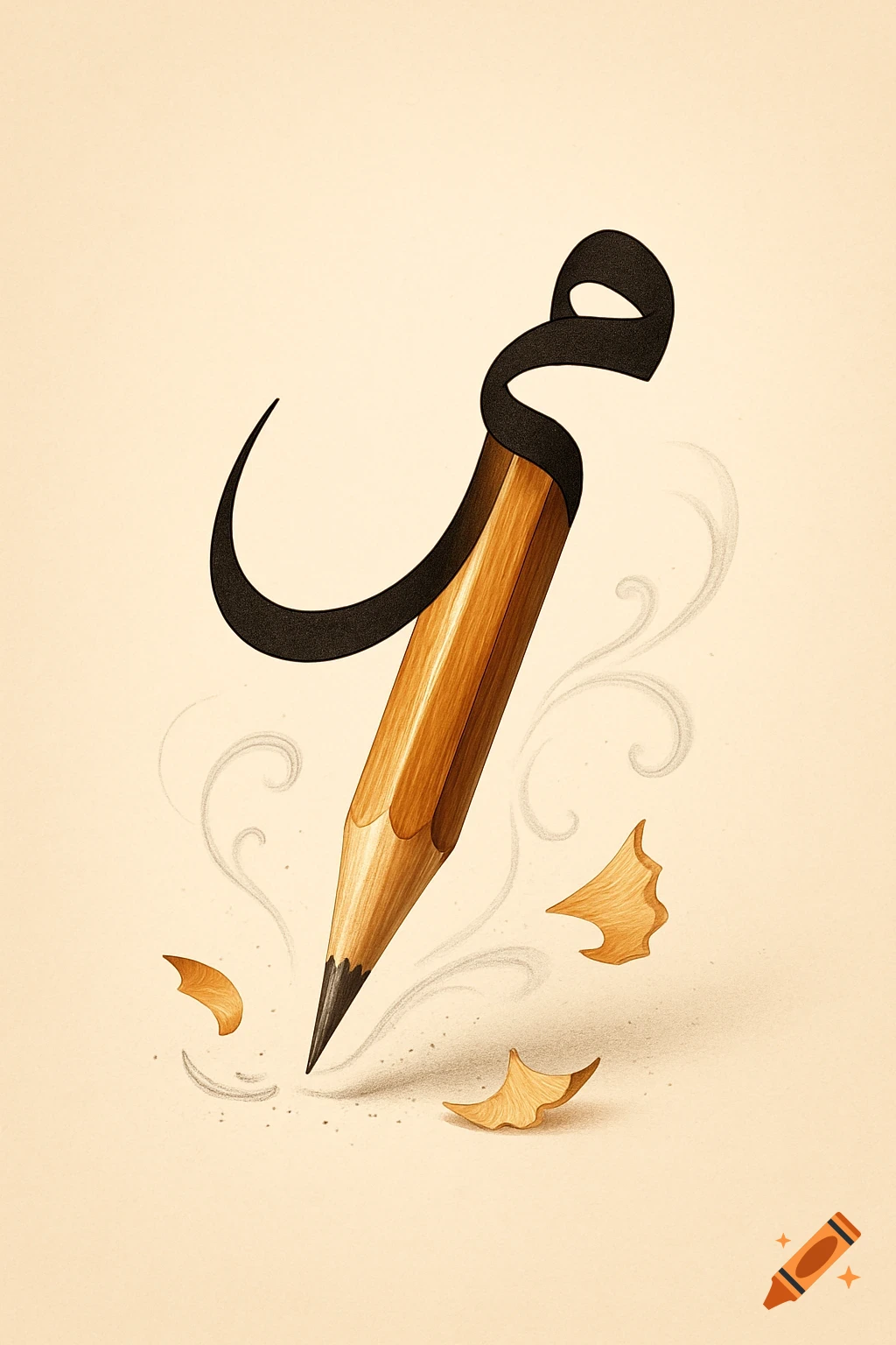 An illustrated wooden pencil with a black calligraphic Arabic letter 'Mim' wrapped around it, and wood shavings.