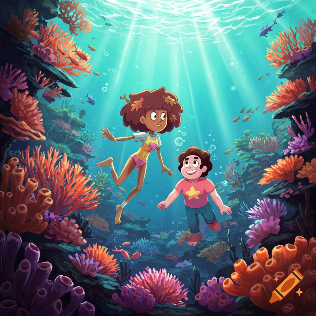 Cartoon characters Anne Boonchuy and Steven Universe swim through a vibrant, sunlit coral reef filled with colorful plants and fish.
