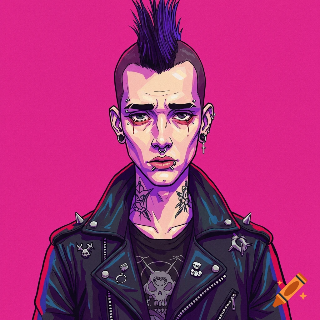 2D cartoon-style illustration of a punk goth young man with a mohawk, piercings, tattoos, and a studded leather jacket, on a pink background.
