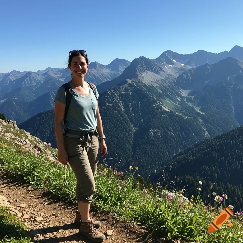 A smiling woman in hiking gear stands on a mountain trail with a vast mountain range in the background on a sunny day.