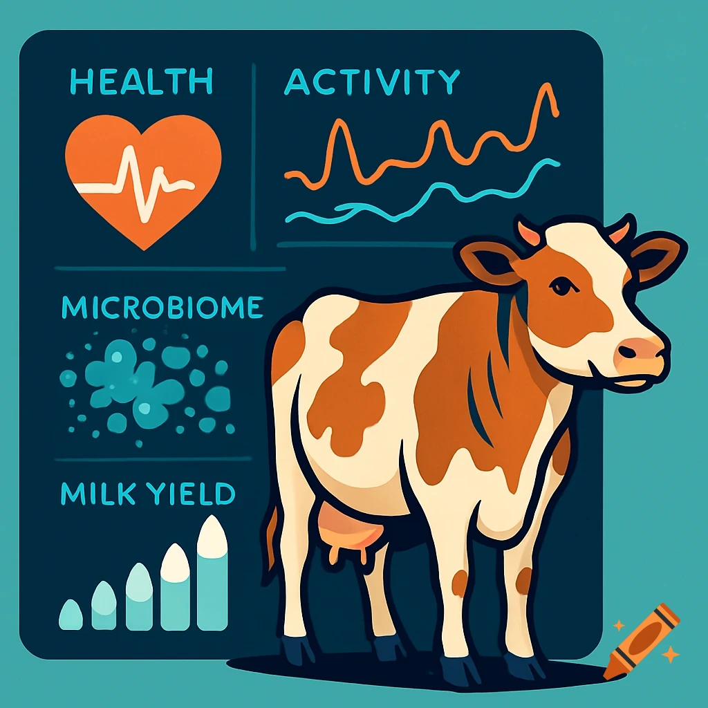 A 2D illustration of a brown and white dairy cow in front of a dashboard displaying health, activity, microbiome, and milk yield metrics.