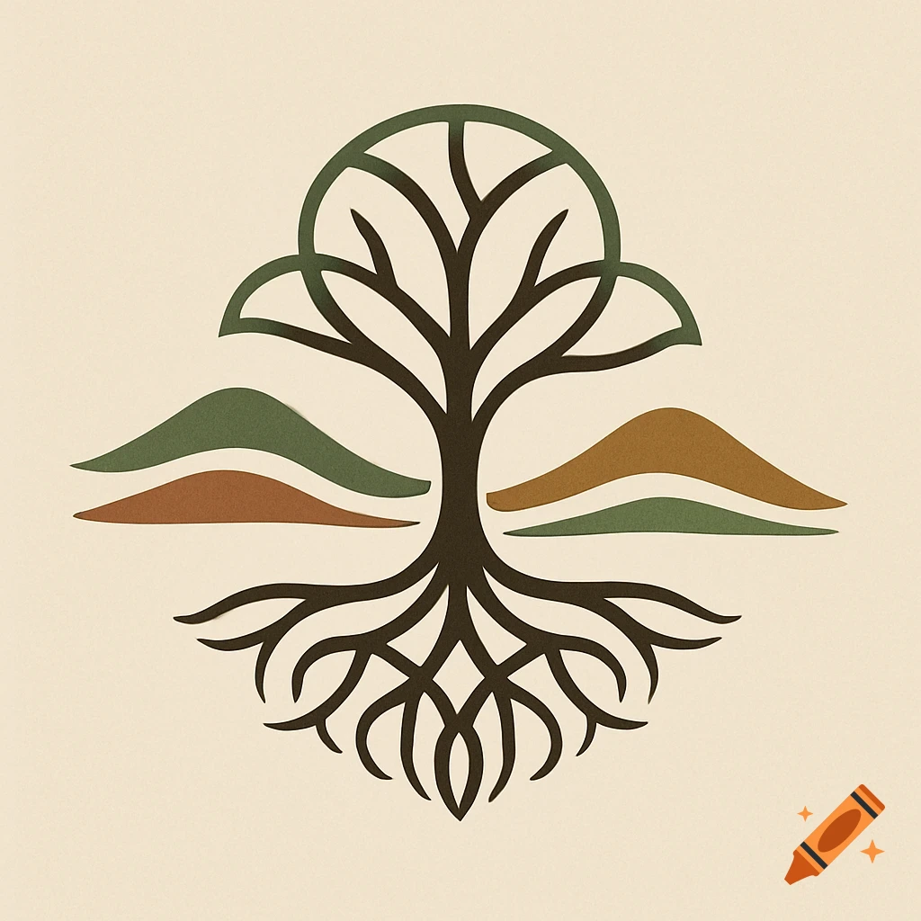 A minimalist logo featuring a stylized tree with roots intertwined below and simplified green and brown mountains on either side, all on a light beige background.