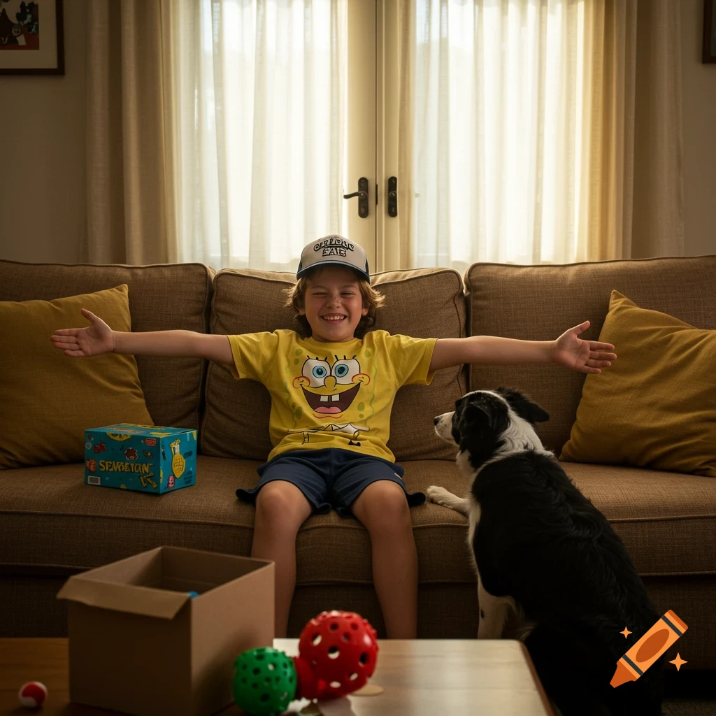 A smiling boy in a Spongebob shirt and hat sits on a couch with a black and white Border Collie next to him.