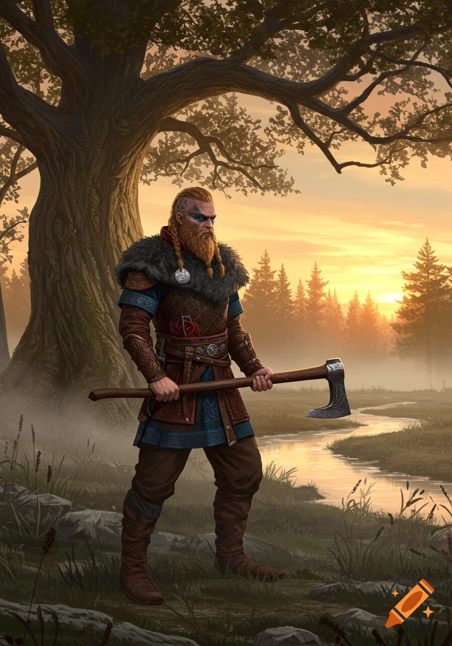 A strong, bearded Viking warrior with an axe stands in a misty forest clearing at sunset in a digital painting style.