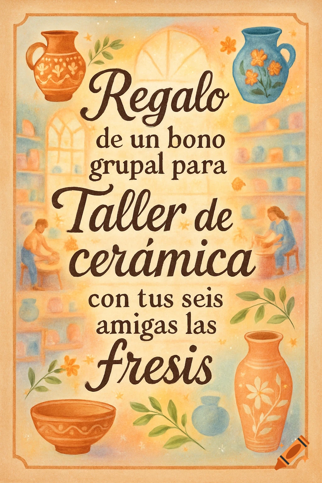 An illustrated gift poster for a ceramic workshop, featuring pottery, people at pottery wheels, and Spanish text.