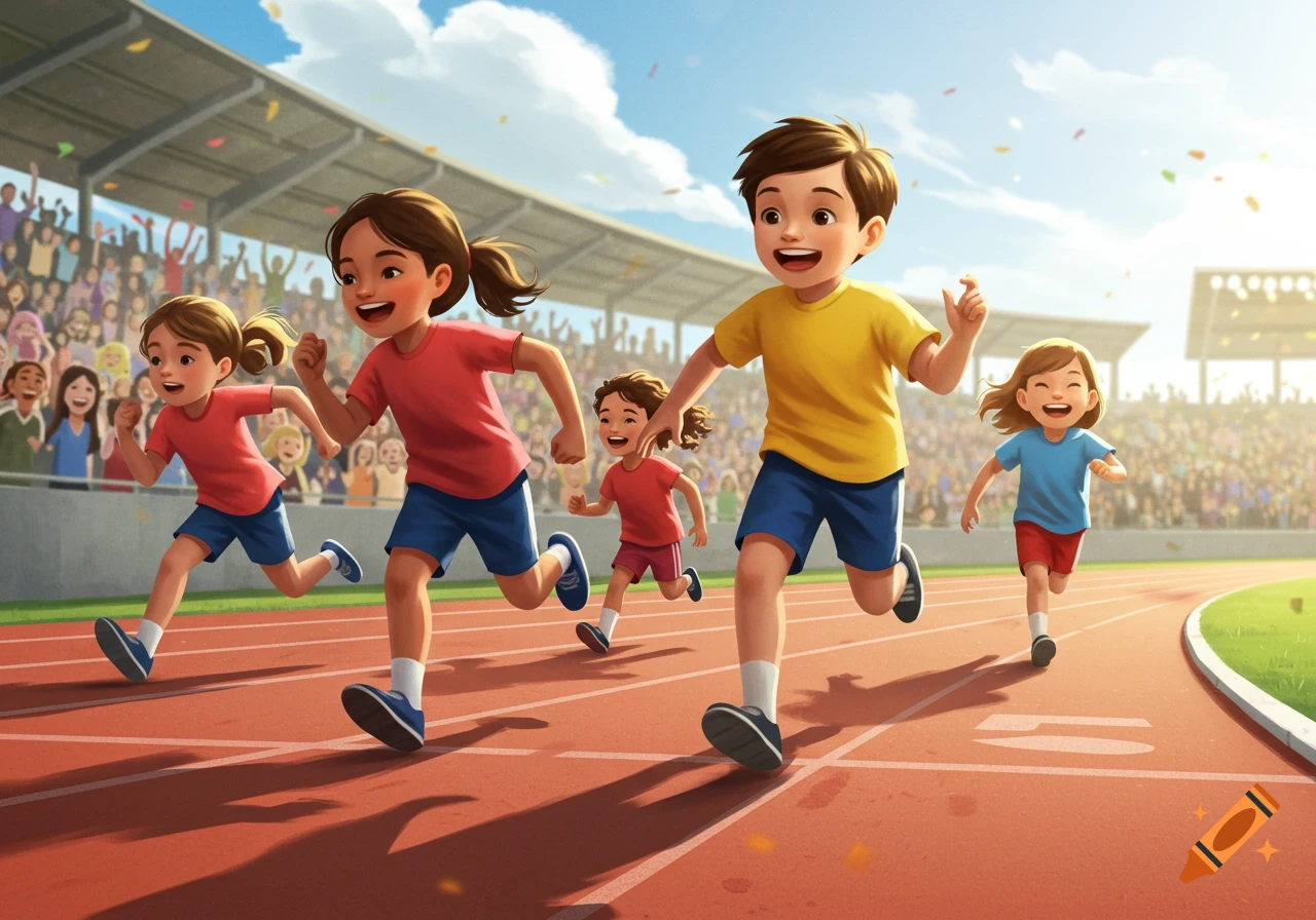 Cartoon illustration of smiling children running a race on a track in a sunny stadium with a cheering crowd.
