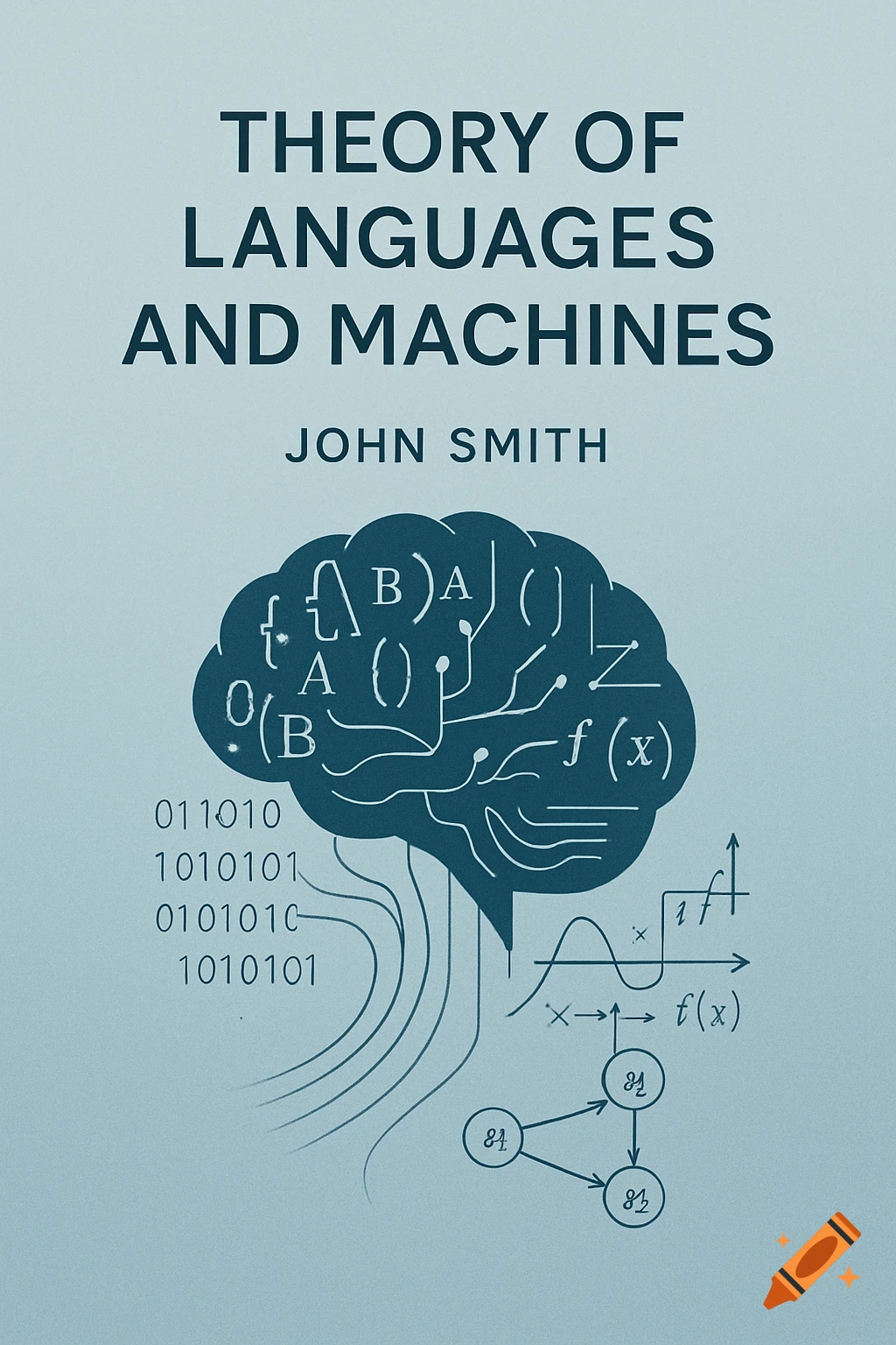 A minimalist book cover for 'Theory of Languages and Machines' by John Smith, featuring a brain with symbols, binary code, and math diagrams on blue.