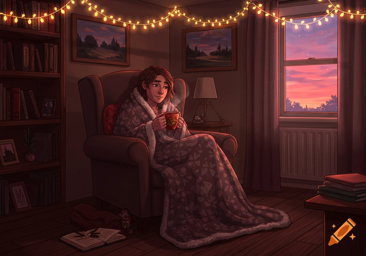An illustration of a person wrapped in a blanket, sitting in an armchair with a mug in a cozy room with fairy lights and a sunset view.