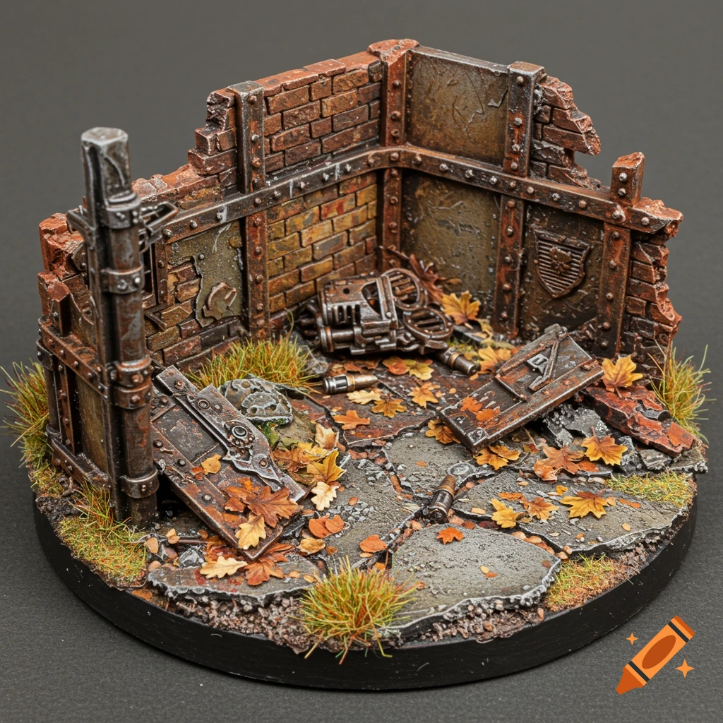 A detailed miniature diorama of a ruined urban corner with brick walls, metal panels, scattered debris, and autumn leaves.
