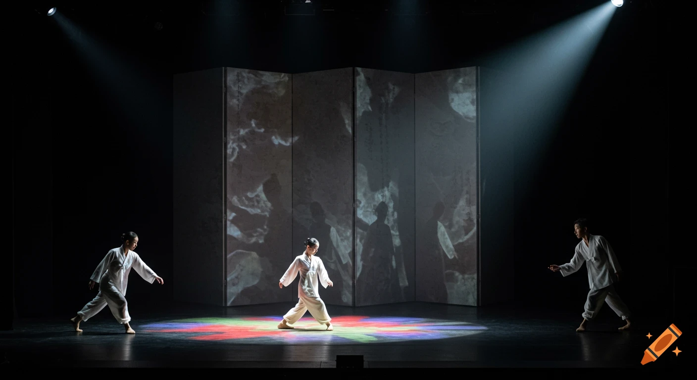 Three dancers in white hanbok-style suits perform on a dark stage with colored floor lights and abstract patterns projected onto screens.