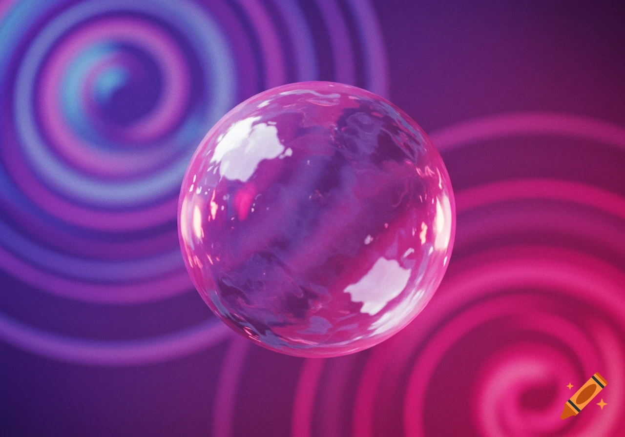 A vibrant, glossy, translucent pink and purple sphere floats against a swirling background of blue, purple, and pink.