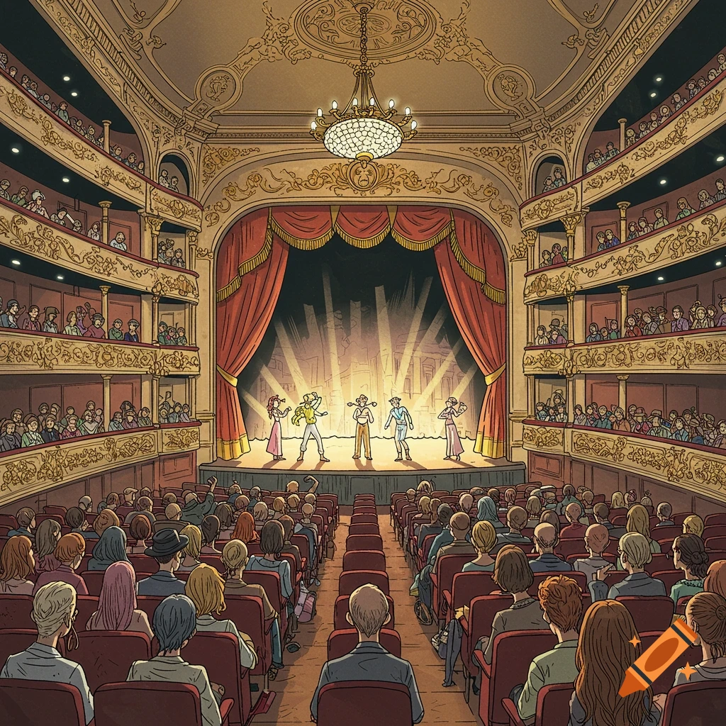 A comic-style illustration of a grand theater with an audience watching performers on stage.