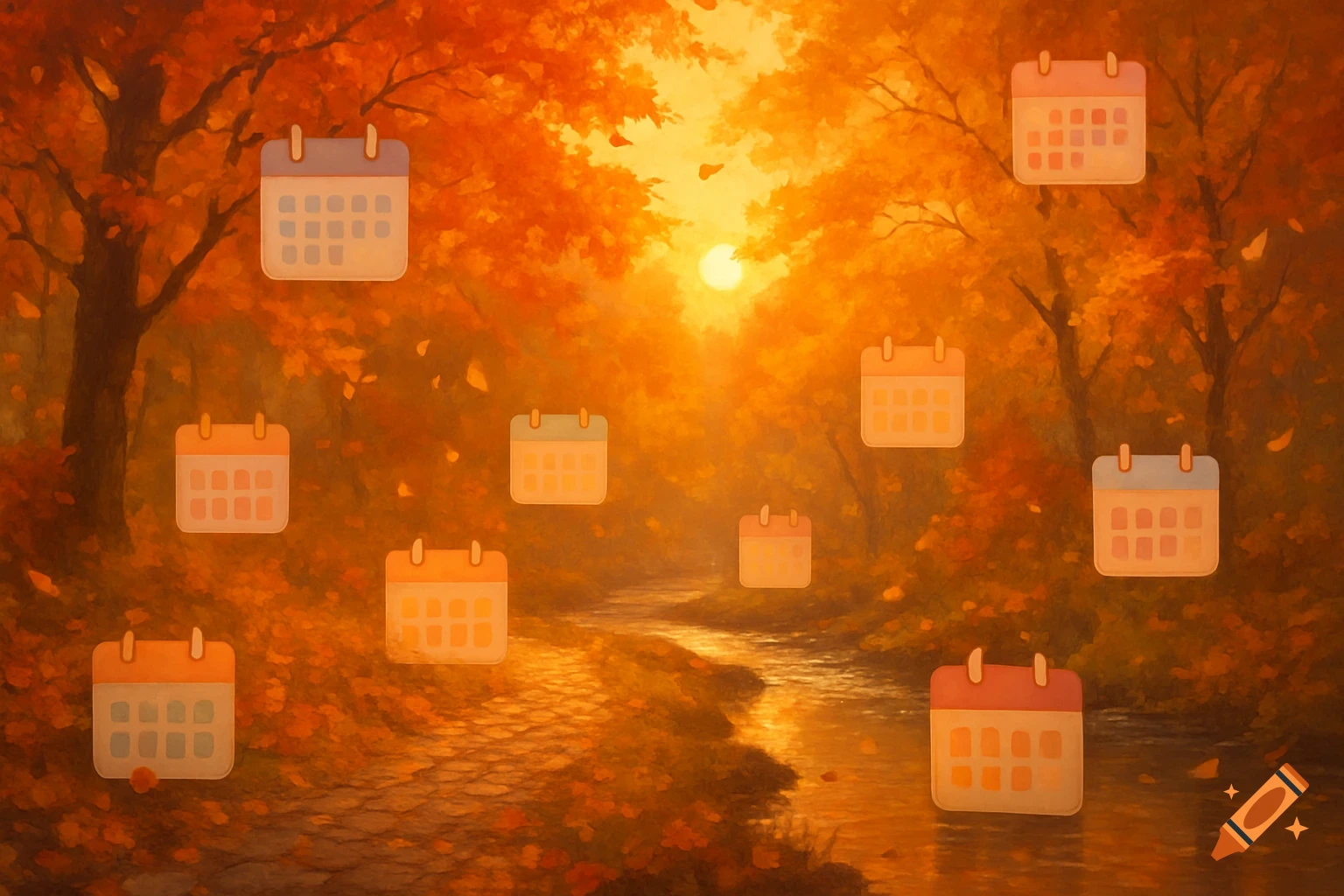 Autumn forest with a path and stream, glowing in sunset hues, with several floating calendar icons.