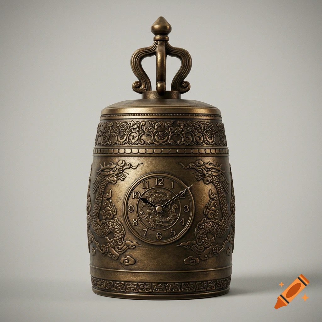 A close-up of an ornate bronze bell-shaped alarm clock featuring intricate dragon engravings and a small analog clock face.