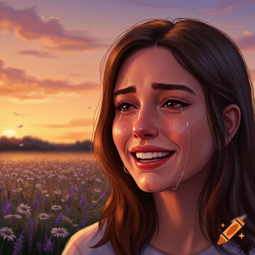 Illustrated portrait of a young woman with happy tears, smiling in a field of flowers at sunset.