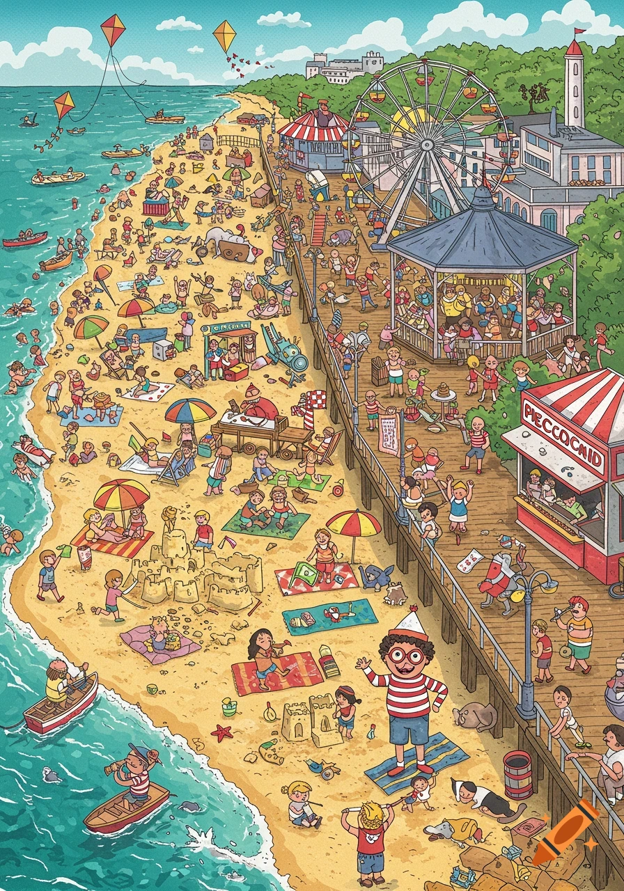 A detailed, cartoonish "Where's Waldo" style illustration of a crowded beach and boardwalk with many people, a Ferris wheel, and various activities.