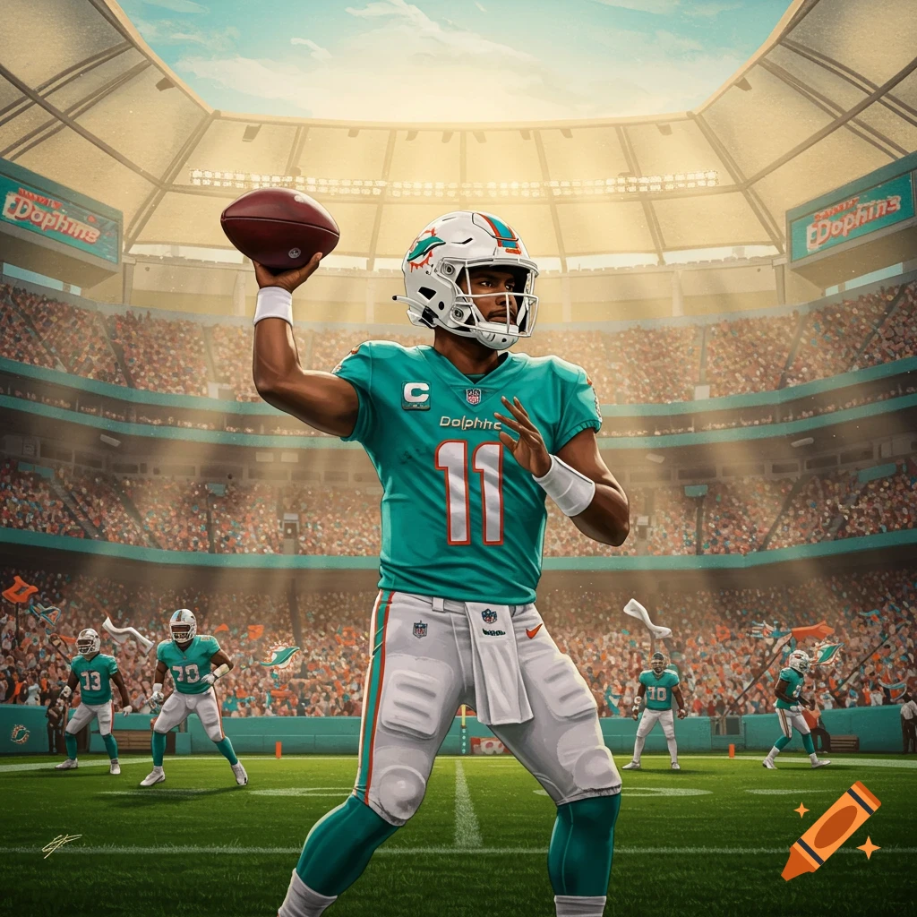 An illustration of an American football player in a teal Miami Dolphins uniform, number 11, throwing a football in a stadium.