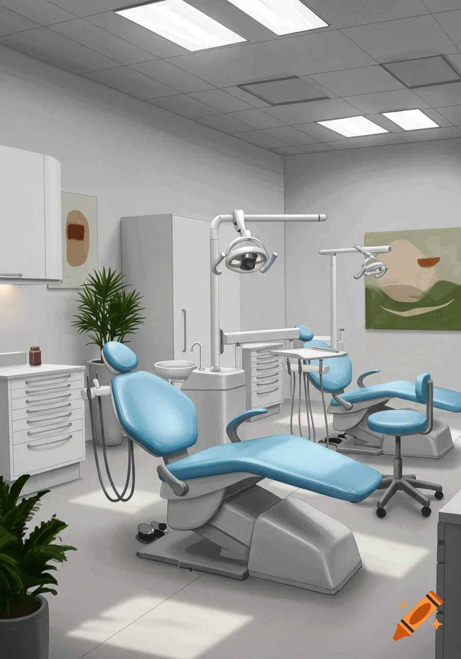 A bright, clean dental clinic with blue examination chairs, medical equipment, white cabinets, and potted plants.