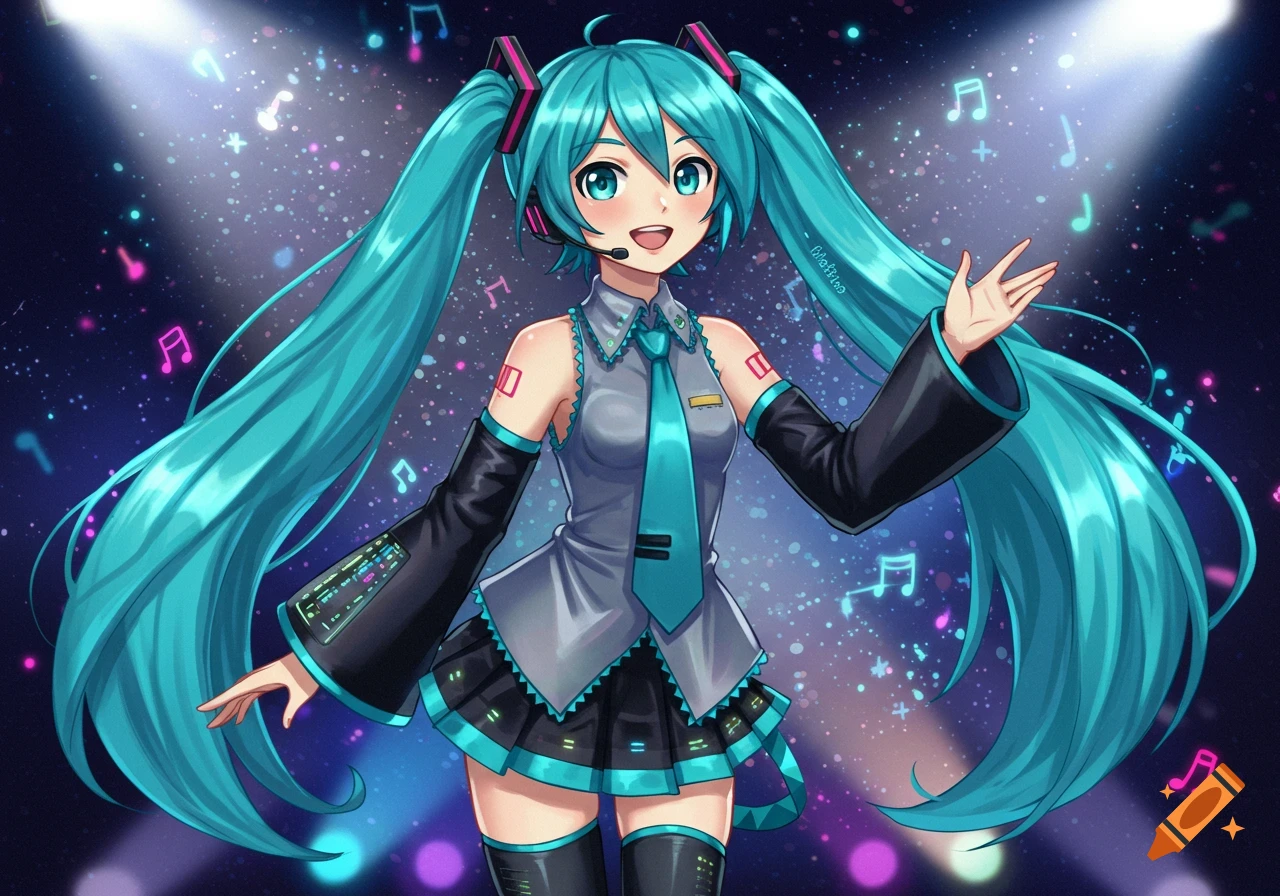 Vibrant anime illustration of Hatsune Miku, smiling and gesturing on a stage with glowing musical notes and spotlights.