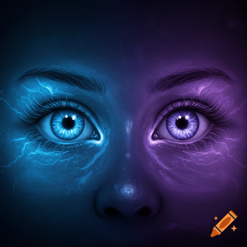Close-up of a person's eyes, left side electric blue with lightning, right side vibrant purple with lightning.