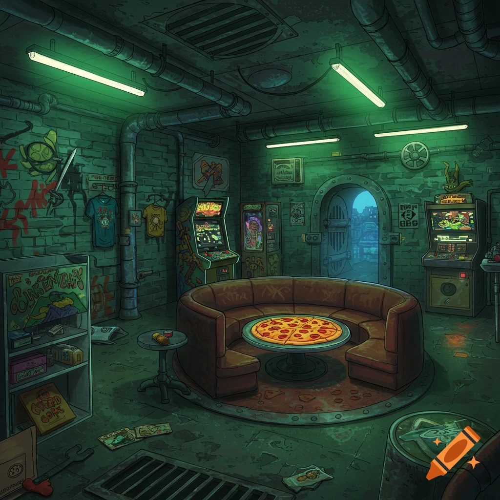 A cartoon-style image of a sewer-themed arcade room with neon green lighting, a round couch with a pizza on a table, and arcade machines.