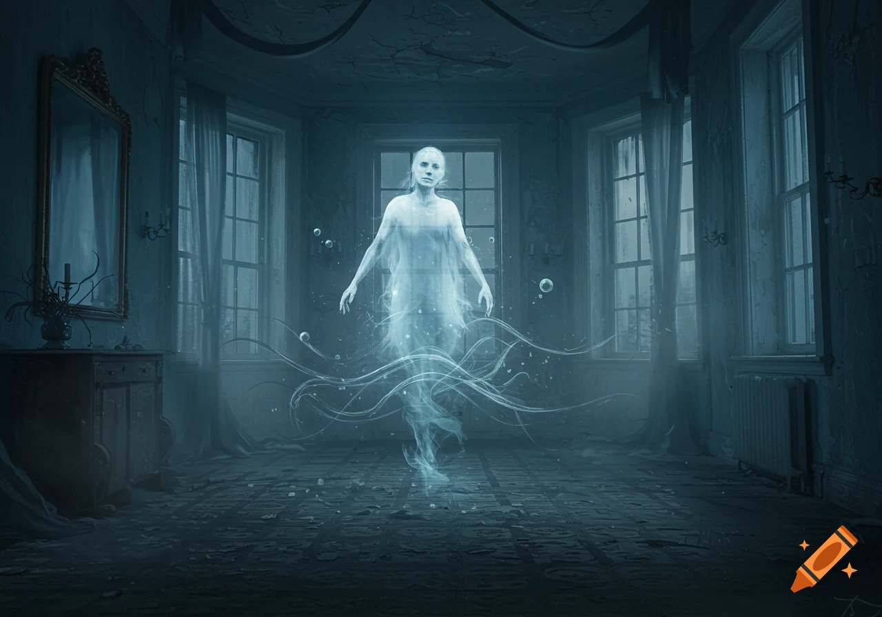 A spectral, glowing ghost with wispy tendrils floats in the center of a dark, decaying room with large windows and a mirror.