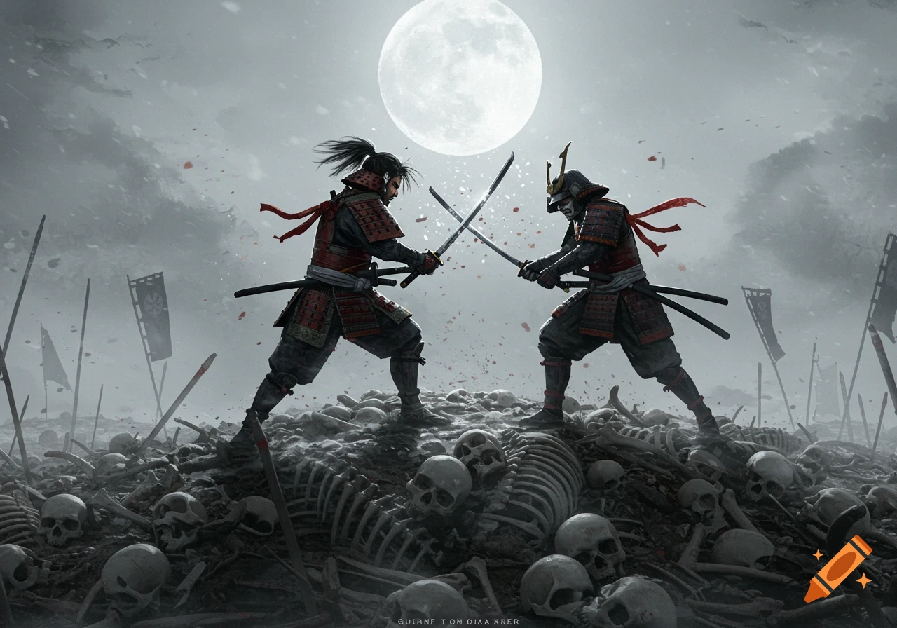 Two samurai warriors swordfight atop a mound of bones under a large full moon in a stylized, dark art style.