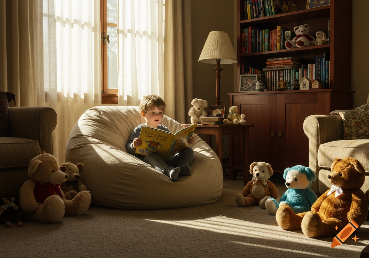 A young child sits in a beanbag chair in a sunlit living room, intently reading a book surrounded by teddy bears and a bookshelf.
