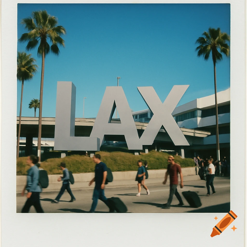 A polaroid photo of the large gray 'LAX' sign at Los Angeles Airport with palm trees and people walking past.