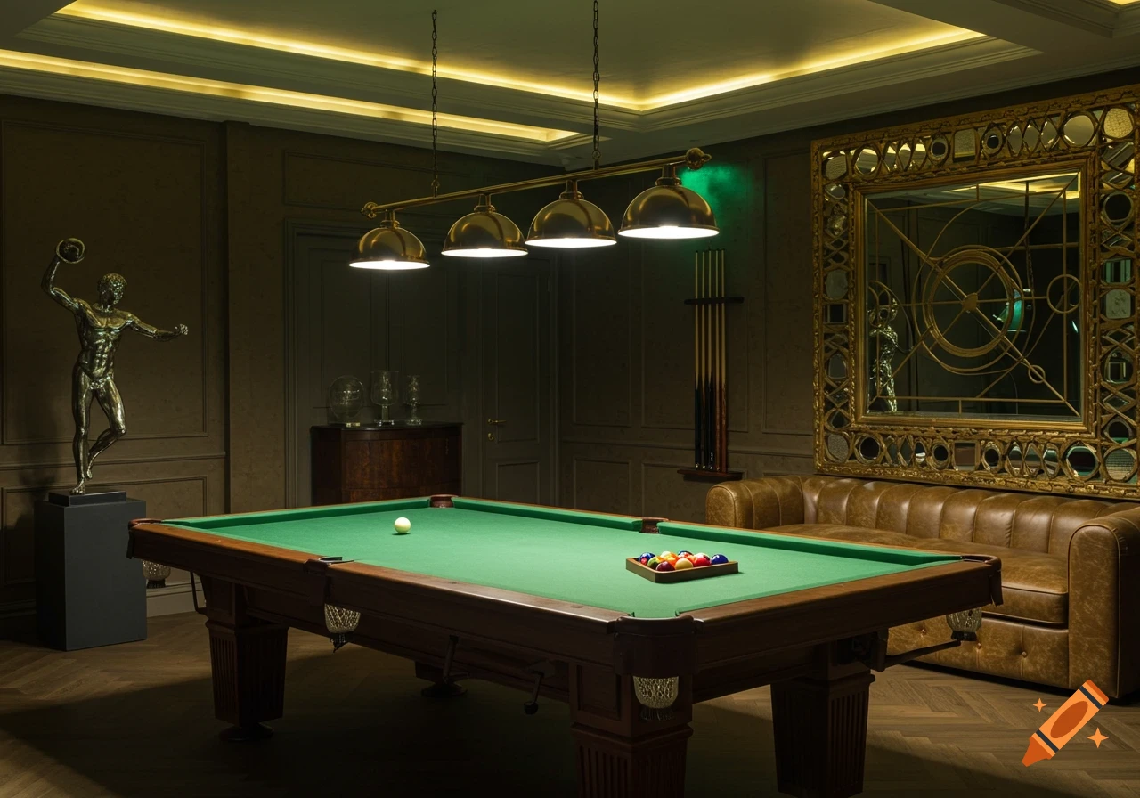 A luxurious, photorealistic billiards room with a green pool table, gold chandelier, a classical statue, ornate mirror, and brown leather sofa.
