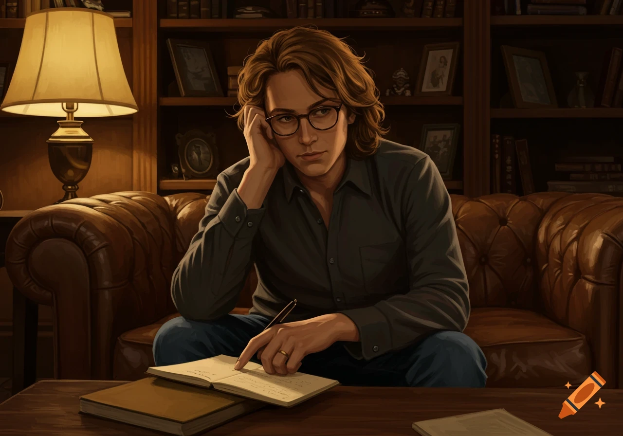 A thoughtful man with long hair and glasses sits on a brown leather couch, writing in a notebook in a softly lit study.