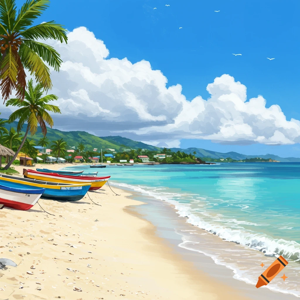 A vibrant tropical beach with colorful fishing boats on the sand, palm trees, and a distant coastal village under a blue sky with white clouds, in a painterly style.