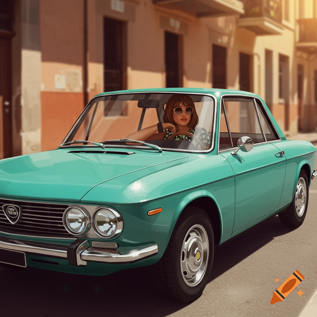 A stylized illustration of a woman in sunglasses driving a teal vintage Lancia Fulvia car on a sunny street.