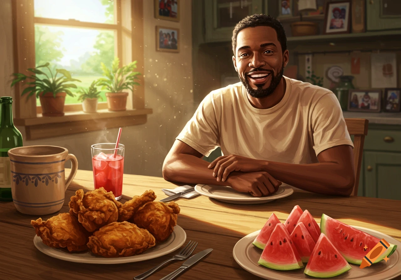A smiling Black man sits at a sunlit kitchen table with fried chicken, watermelon, and drinks, in a photorealistic illustration.