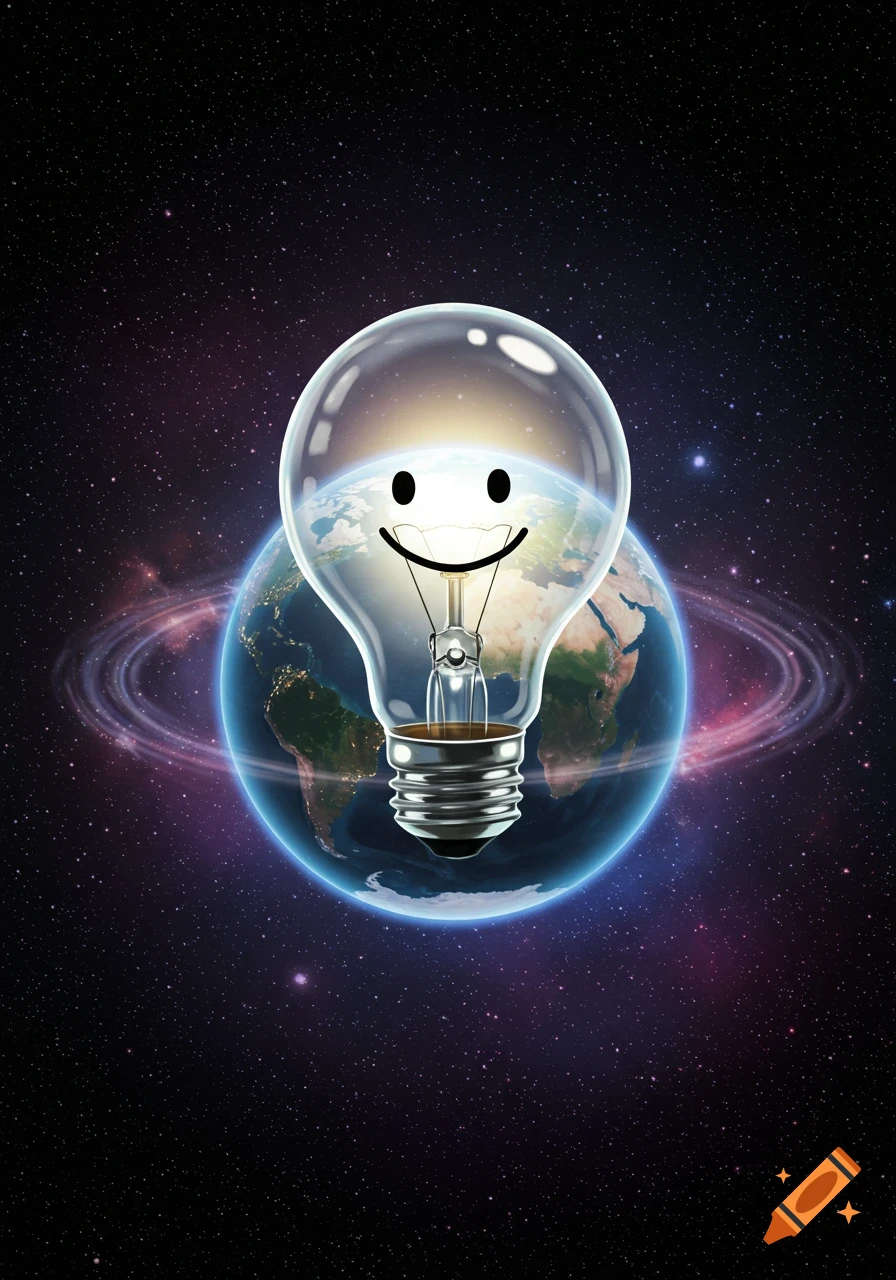 A smiley lightbulb glows brightly in front of Earth and its rings, set against a dark, starry galaxy.