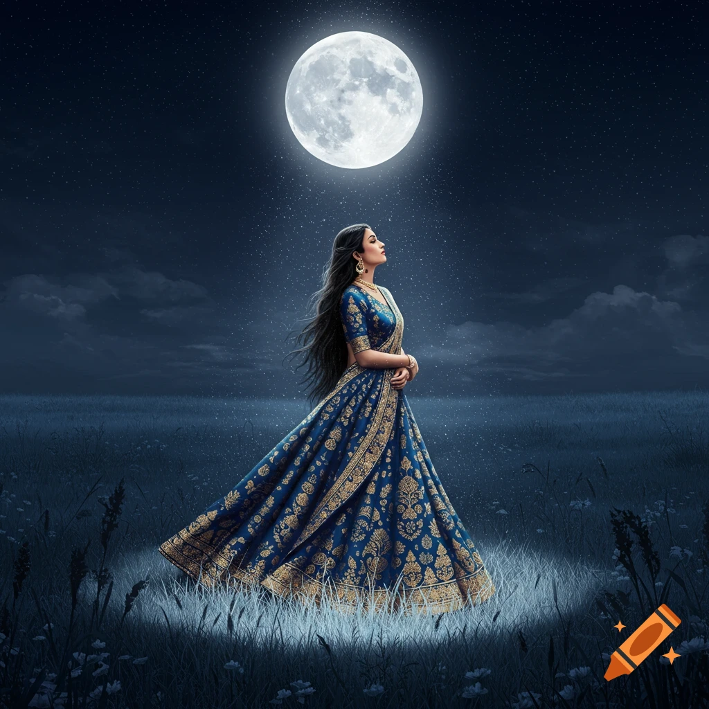 An Indian woman in a blue and gold gown stands in a moonlit field at night, gazing up at the full moon.