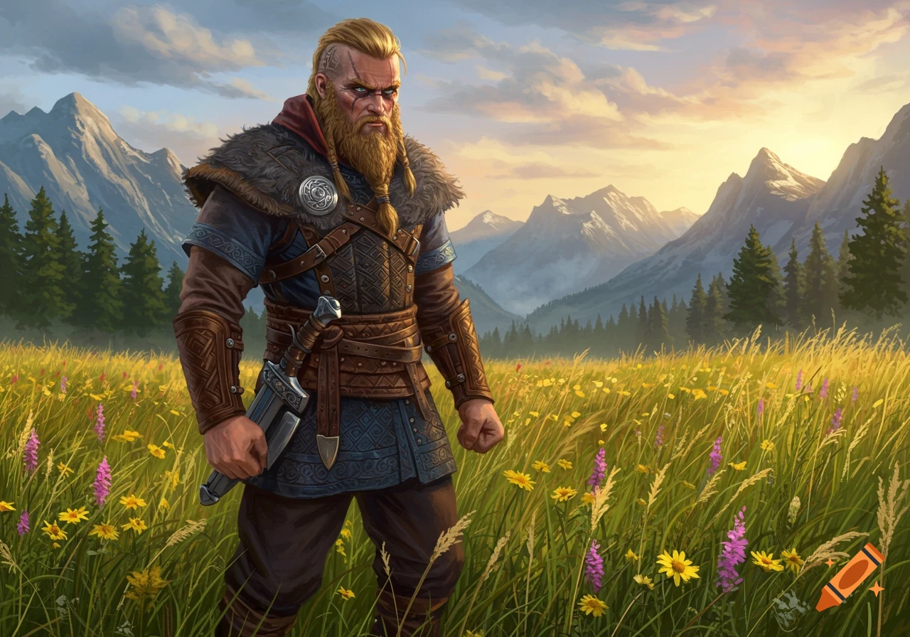 A formidable Viking warrior with a beard and braided hair stands in a vibrant flower field with mountains in the background at sunrise.