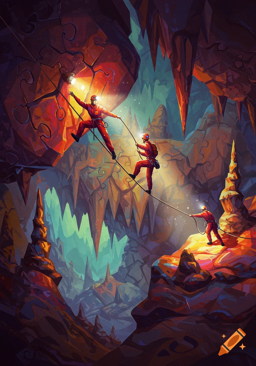Three cavers in red suits and headlamps traverse a psychedelic cave with colorful puzzle-piece rock formations and sharp stalactites.