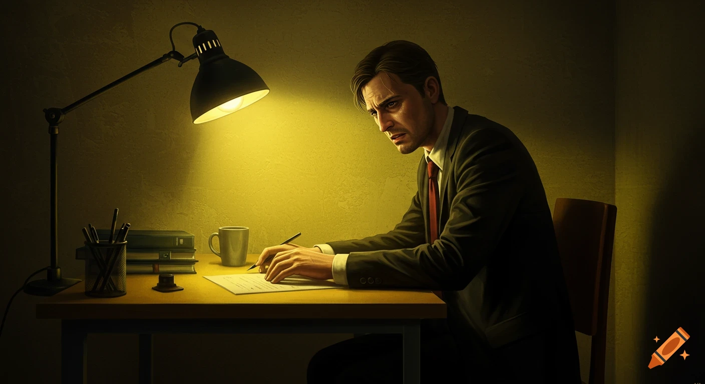 A man with a tense expression sits at a desk under a bright lamp, writing on paper. Books and a mug are beside him in a dimly lit, realistic room.